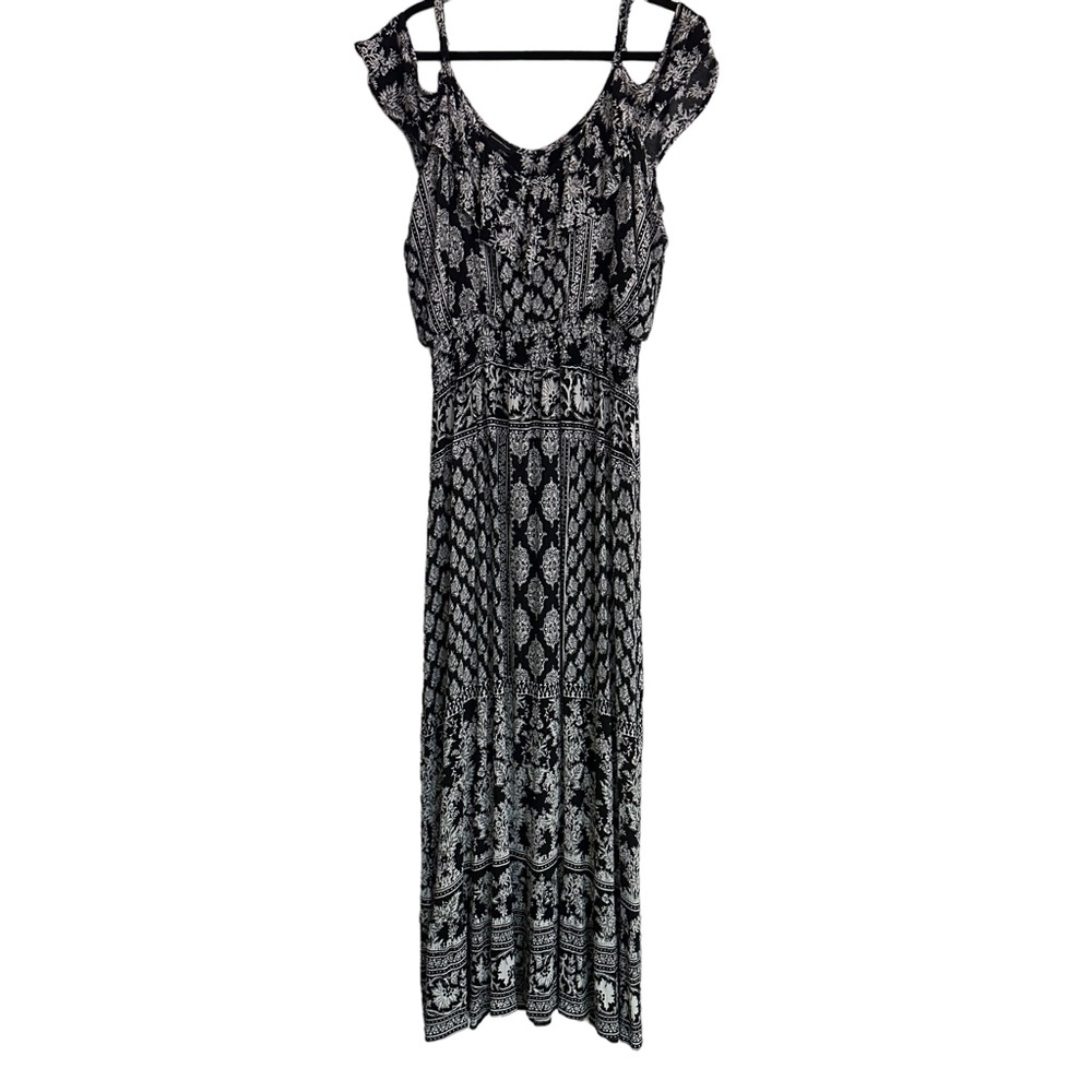 INC tiered Maxi Dress black boho adjustable strap open shoulder size large